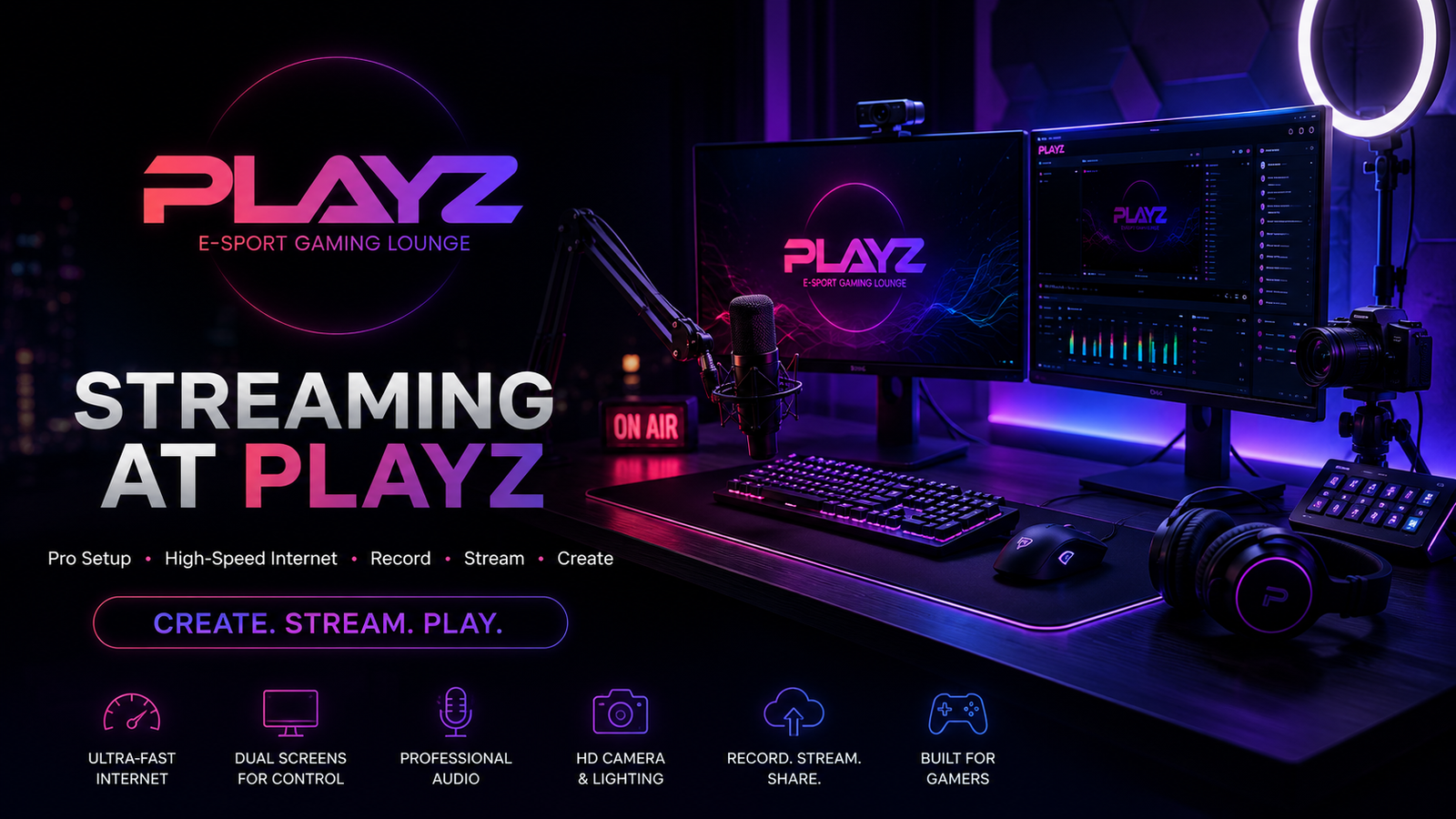 Streaming setup in Torrevieja with camera, microphone and headset at PLAYZ